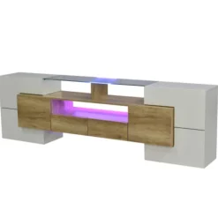 Stilfuldt lowboard med LED-belysning, TV-skab i højglans hvid med elegant glasoverflade, 200 cm, moderne Natural