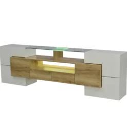 Stilfuldt lowboard med LED-belysning, TV-skab i højglans hvid med elegant glasoverflade, 200 cm, moderne Natural