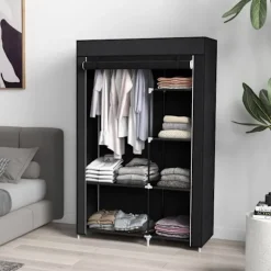 Stof Garderobe 6 Rum Fleece Look Foldegarderobe Sort 103X43X162,5Cm