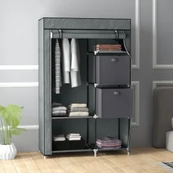 Stof Garderobe, Foldeskab Med Skuffer Og Bøjlestang, Lynlås, Garderobe, Non-Woven Stof, Mørkegrå