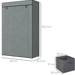 Stof Garderobe, Foldeskab Med Skuffer Og Bøjlestang, Lynlås, Garderobe, Non-Woven Stof, Mørkegrå