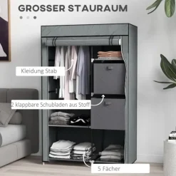Stof Garderobe, Foldeskab Med Skuffer Og Bøjlestang, Lynlås, Garderobe, Non-Woven Stof, Mørkegrå