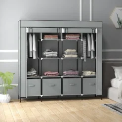 Stof Garderobe Med Bøjlestang, 10 Rum, 4 Skuffer, Garderobe I Fleece Look, Mørkegrå