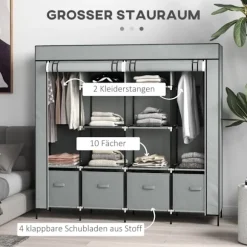 Stof Garderobe Med Bøjlestang, 10 Rum, 4 Skuffer, Garderobe I Fleece Look, Mørkegrå
