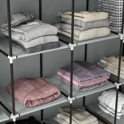 Stof Garderobe Med Bøjlestang, 10 Rum, 4 Skuffer, Garderobe I Fleece Look, Mørkegrå