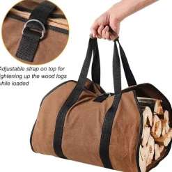 Stor Lærred Brændebærerpose 96cm x 46cm Heavy Duty Voks Pejs Brændepose til Brændeovne, Indendørs og Camping (Brun)