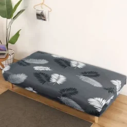 Strækbar elastisk betræk til armløs sofa, futonbetræk med bladprintdesign, varmebestandigt betræk uden armlæn, maskinvaskbar sofa
