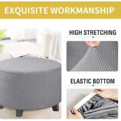 Strækbar jacquard pufbetræk (khaki, lille), fodskammelbetræk, møbelbeskyttelsesbetræk, skammelbetræk, skridsikker elastisk bund