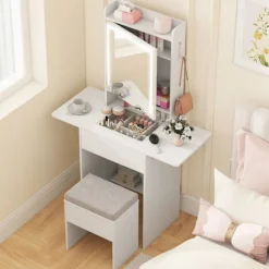 Sættebord og Skammel COSTWAY Spejl, Justerbart Lys, Glasplade, Opladningsstation, Foldbare Paneler, Skuffe Vit