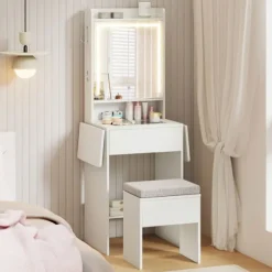 Sættebord og Skammel COSTWAY Spejl, Justerbart Lys, Glasplade, Opladningsstation, Foldbare Paneler, Skuffe Vit