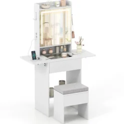 Sættebord og Skammel COSTWAY Spejl, Justerbart Lys, Glasplade, Opladningsstation, Foldbare Paneler, Skuffe Vit