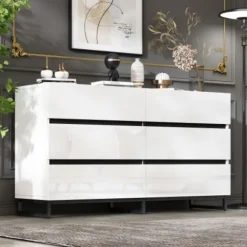 Stue skænk 140x39,5x78,5 cm, kommode med 6 skuffer, 3 metalben, højglans hvid & sort, høj belastningskapacitet White