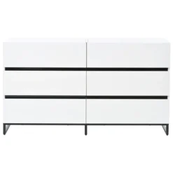 Stue skænk 140x39,5x78,5 cm, kommode med 6 skuffer, 3 metalben, højglans hvid & sort, høj belastningskapacitet White