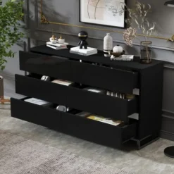 Stue skænk 140x39,5x78,5 cm, kommode med 6 skuffer, 3 metalben, højglans hvid & sort, høj belastningskapacitet Black