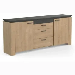 Stuesæt - AUSTIN - Spisebord 170x90 cm - Vitrine - 2-dørs skænk - Hamilton eg og grå Hamilton Ek/trottoar