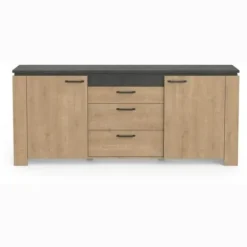 Stuesæt - AUSTIN - Spisebord 170x90 cm - Vitrine - 2-dørs skænk - Hamilton eg og grå Hamilton Ek/trottoar