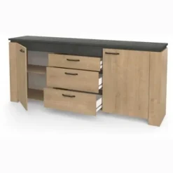 Stuesæt - AUSTIN - Spisebord 170x90 cm - Vitrine - 2-dørs skænk - Hamilton eg og grå Hamilton Ek/trottoar