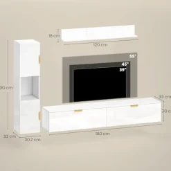 Svævende TV-bord med klapdøre, 180 cm, blank hvid