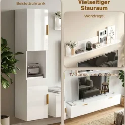 Svævende TV-bord med klapdøre, 180 cm, blank hvid