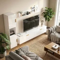 Svævende TV-bord med klapdøre, 180 cm, blank hvid
