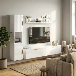 Svævende TV-bord med klapdøre, 180 cm, blank hvid