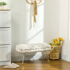 Taburet, polstret bænk med fløjlslook, fodskammel med polstret sæde, metalben, fodstøtte, til stue, soveværelse, 76 x 38 x 41,5 cm, cremehvid