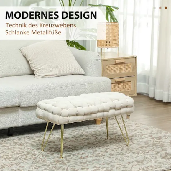 Taburet, polstret bænk med fløjlslook, fodskammel med polstret sæde, metalben, fodstøtte, til stue, soveværelse, 76 x 38 x 41,5 cm, cremehvid