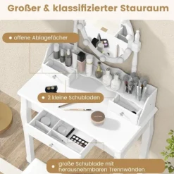 Toiletbord med LED-belysning justerbar lysstyrke toiletbord med 3 skuffer hvid