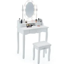 Toiletbord med LED-belysning justerbar lysstyrke toiletbord med 3 skuffer hvid