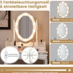 Toiletbord med LED-belysning justerbar lysstyrke toiletbord med 3 skuffer hvid