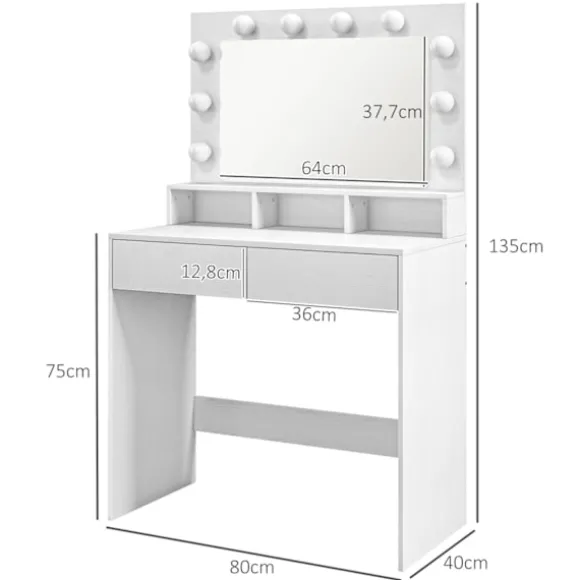 Toiletbord med LED-belysning Toiletbord med spejl Justerbar lysstyrke Kosmetikbord med 2 skuffer Åbne hylder til soveværelse Hvid