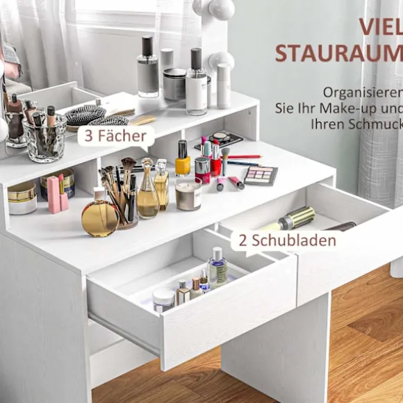 Toiletbord med LED-belysning Toiletbord med spejl Justerbar lysstyrke Kosmetikbord med 2 skuffer Åbne hylder til soveværelse Hvid