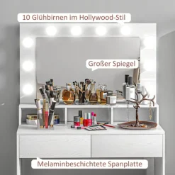 Toiletbord med LED-belysning Toiletbord med spejl Justerbar lysstyrke Kosmetikbord med 2 skuffer Åbne hylder til soveværelse Hvid