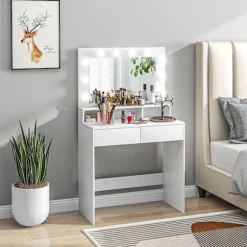 Toiletbord med LED-belysning Toiletbord med spejl Justerbar lysstyrke Kosmetikbord med 2 skuffer Åbne hylder til soveværelse Hvid