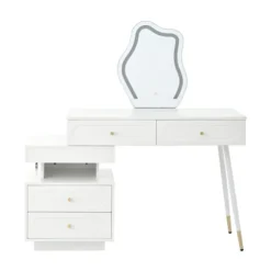 Toiletbord med LED-spejl og belysning, 140x40x130cm, med 4 skuffer og opbevaringsrum, professionelt toiletbord, hvid White