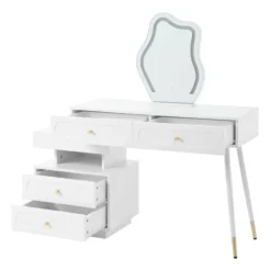 Toiletbord med LED-spejl og belysning, 140x40x130cm, med 4 skuffer og opbevaringsrum, professionelt toiletbord, hvid White