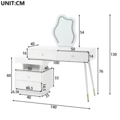 Toiletbord med LED-spejl og belysning, 140x40x130cm, med 4 skuffer og opbevaringsrum, professionelt toiletbord, hvid White