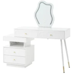 Toiletbord med LED-spejl og belysning, 140x40x130cm, med 4 skuffer og opbevaringsrum, professionelt toiletbord, hvid White