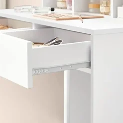 Toiletbord Vanity Table med 9 LED-pærer og spejl, justerbar lysstyrke, 2 skuffer og 3 åbne rum, moderne hvid
