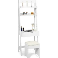 Toiletbord/sminkebord med moderne spejl med skammel og 2 hylder Hvidt MDF kosmetikbord til soveværelse Vit