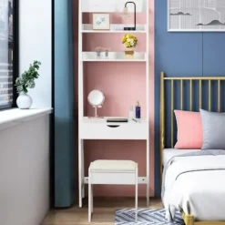 Toiletbord/sminkebord med moderne spejl med skammel og 2 hylder Hvidt MDF kosmetikbord til soveværelse Vit