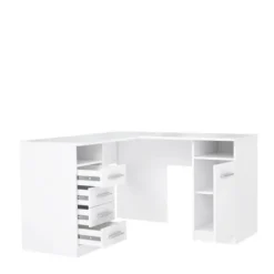 TOLEDE Hjørneskrivebord 1 låge 4 skuffer - Hvid papirdekor - L 125 x D 125 x H 75 cm Vit