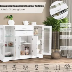 Træ opbevaringsskab med hærdet glas låger og skuffer Hvid
