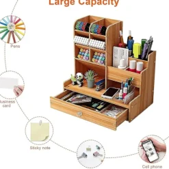 Træ Skrivebordsarrangør DIY Desktop Tidy Pen Holder Stor Kapacitet