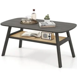 Træ sofabord med rattanhylde, 2-lags, 100x55x44,5 cm