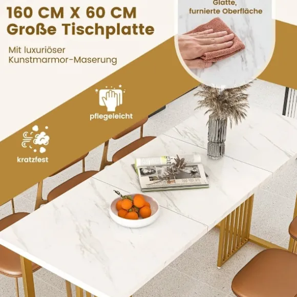 Træ spisebord 160 x 60 cm rektangulært køkkenbord med marmor look og metal ben hvid + guld