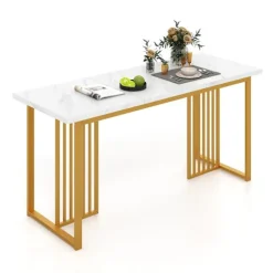 Træ spisebord 160 x 60 cm rektangulært køkkenbord med marmor look og metal ben hvid + guld