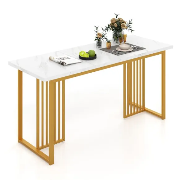 Træ spisebord 160 x 60 cm rektangulært køkkenbord med marmor look og metal ben hvid + guld