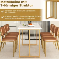 Træ spisebord 160 x 60 cm rektangulært køkkenbord med marmor look og metal ben hvid + guld