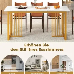 Træ spisebord 160 x 60 cm rektangulært køkkenbord med marmor look og metal ben hvid + guld